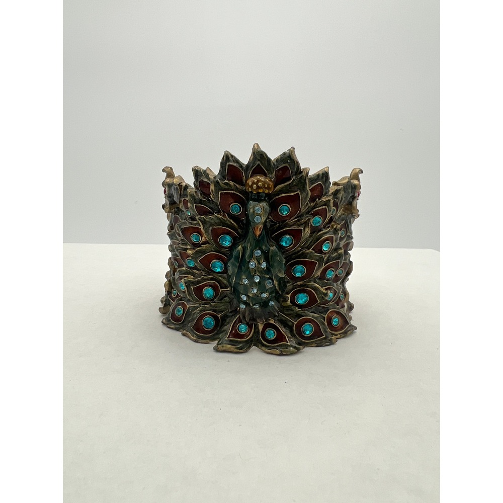 Jeweled Peacock Votive Candle Holder Gold Tone Enamel Rhinestone Floral Decor